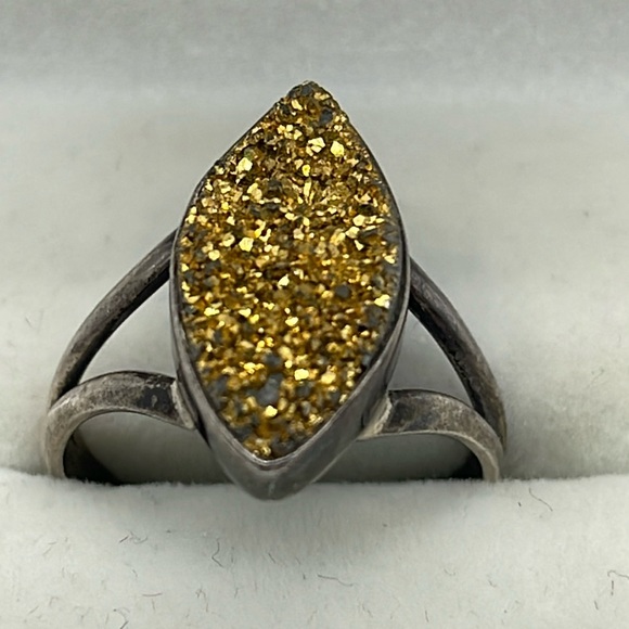 Gold Diamond Shape Druzy 925 Ring - Picture 1 of 3